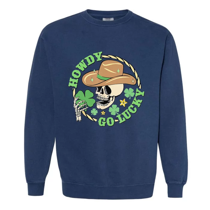 Howdy Go Lucky Cow Skull St Patricks Day Garment-Dyed Sweatshirt