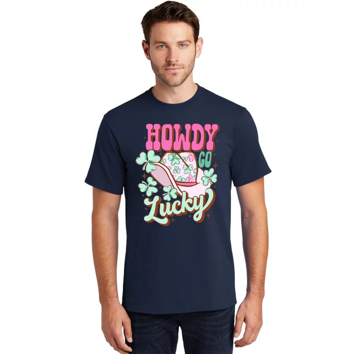 Howdy Go Lucky Cowboy Western St Patricks Day Irish Shamrock Tall T-Shirt