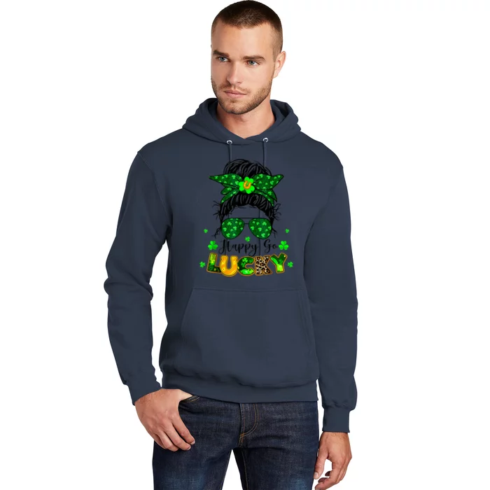 Happy Go Lucky Messy Bun Shamrock St Patrick's Day Hoodie