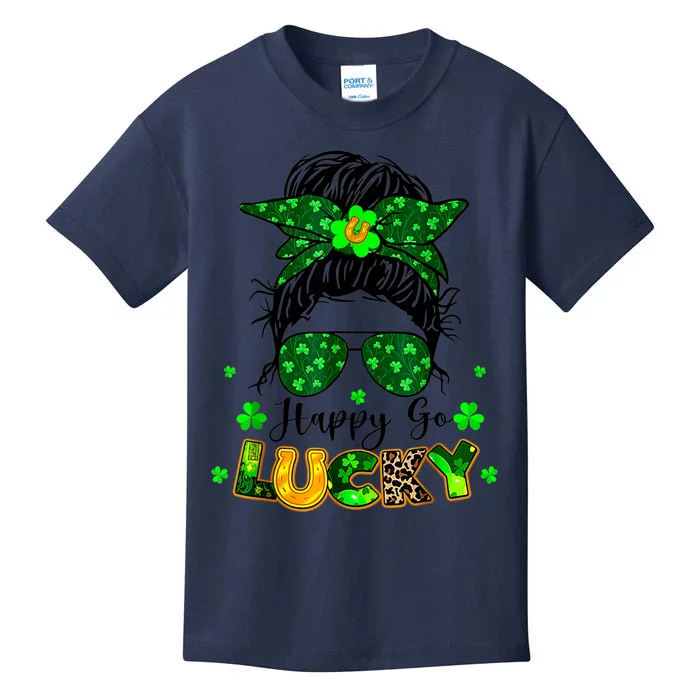 Happy Go Lucky Messy Bun Shamrock St Patrick's Day Kids T-Shirt