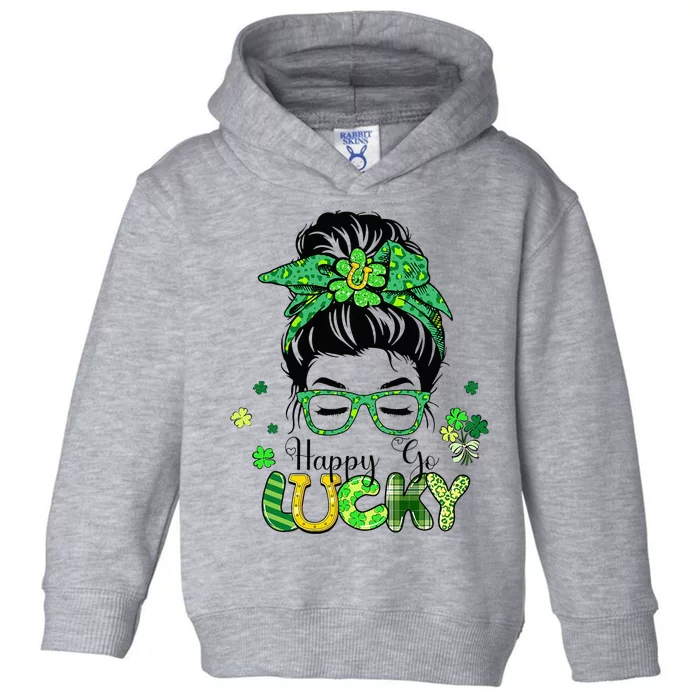 Happy Go Lucky Messy Bun Shamrock St Patricks Day Toddler Hoodie