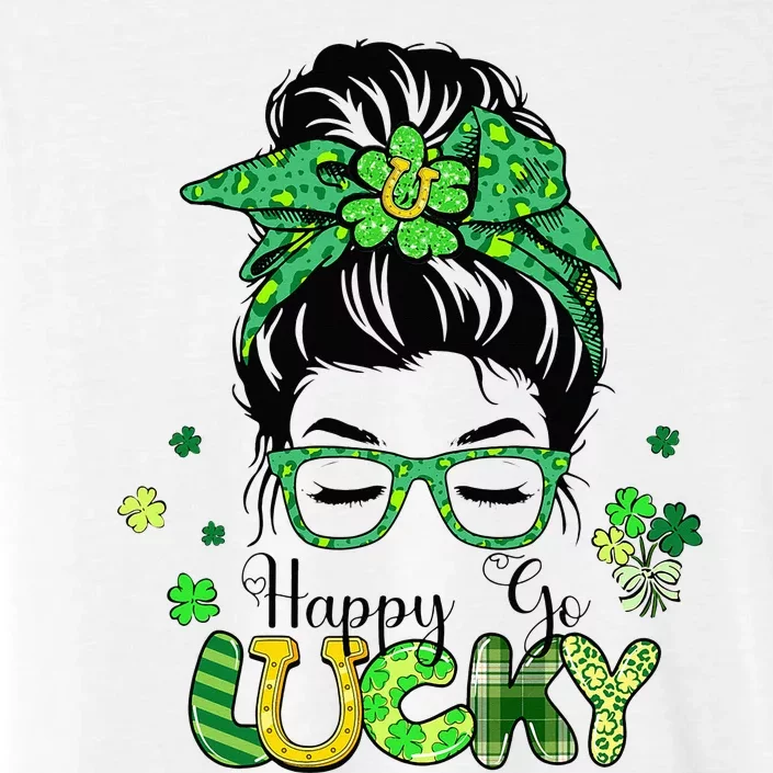 Happy Go Lucky Messy Bun Shamrock St Patricks Day ChromaSoft Performance T-Shirt