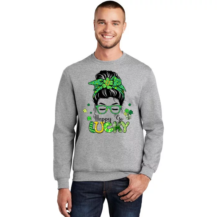 Happy Go Lucky Messy Bun Shamrock St Patricks Day Women Girl Tall Sweatshirt