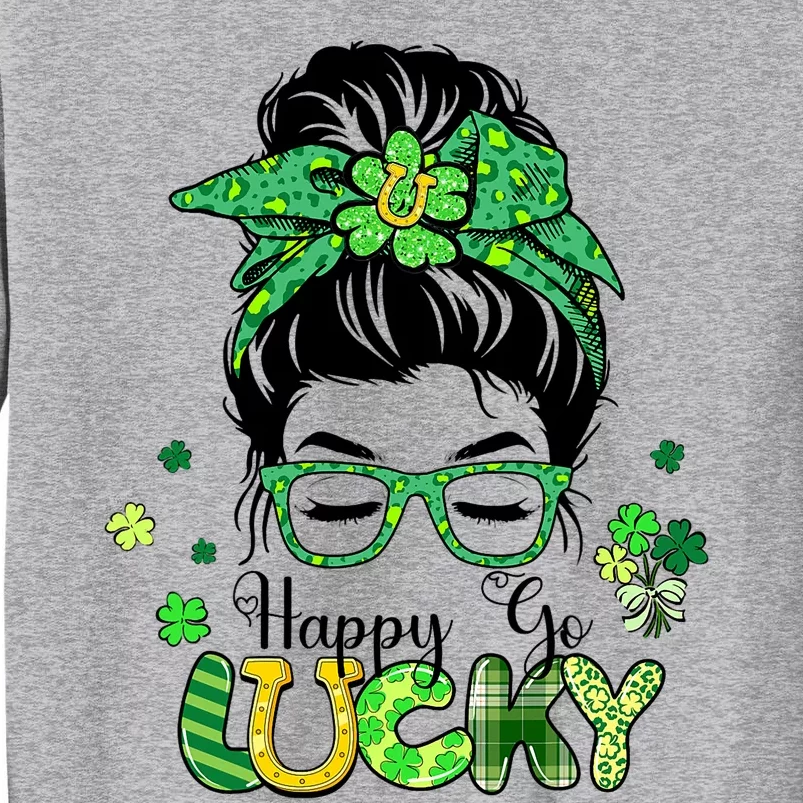 Happy Go Lucky Messy Bun Shamrock St Patricks Day Women Girl Tall Sweatshirt