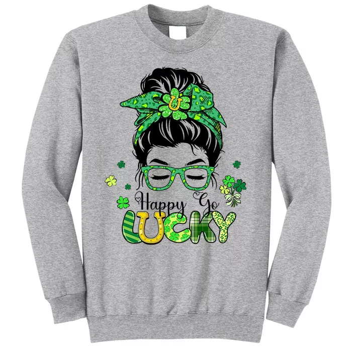 Happy Go Lucky Messy Bun Shamrock St Patricks Day Women Girl Tall Sweatshirt