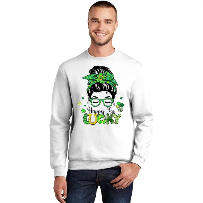 Happy Go Lucky Messy Bun Shamrock St Patricks Day Women Girl Sweatshirt