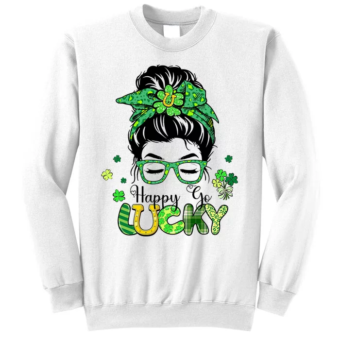 Happy Go Lucky Messy Bun Shamrock St Patricks Day Women Girl Sweatshirt