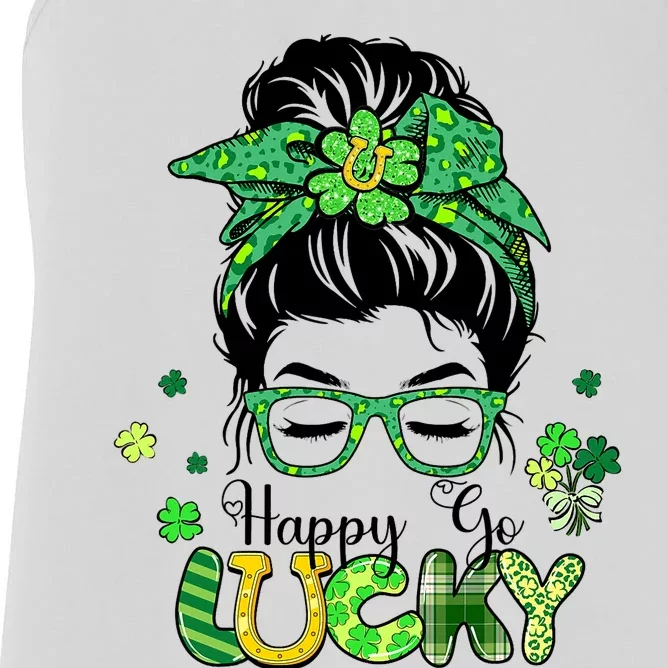 Happy Go Lucky Messy Bun Shamrock St Patricks Day Women Girl Women's Racerback Tank