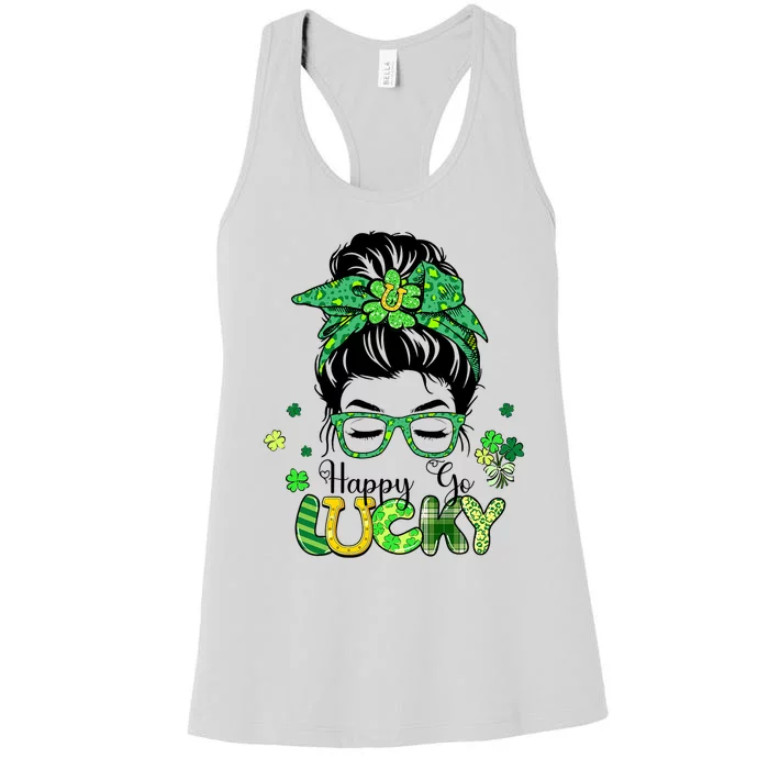 Happy Go Lucky Messy Bun Shamrock St Patricks Day Women Girl Women's Racerback Tank