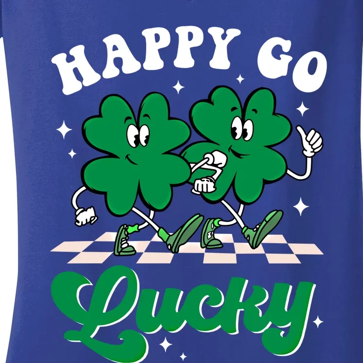 Happy Go Lucky Groovy St Patrick's Day Shamrock Irish Clover Great Gift Women's V-Neck T-Shirt