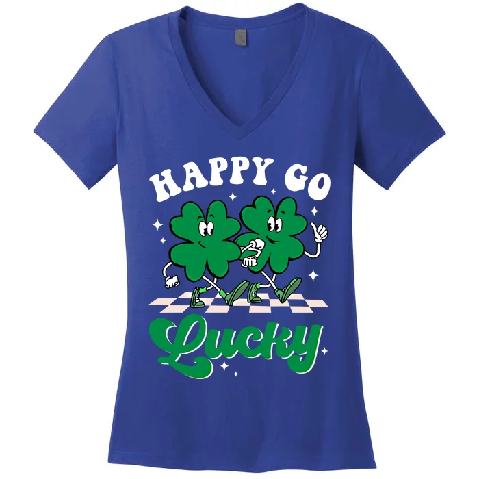 Happy Go Lucky Groovy St Patrick's Day Shamrock Irish Clover Great Gift Women's V-Neck T-Shirt