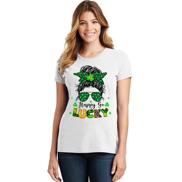 Happy Go Lucky Messy Bun Shamrock St Patrick's Day Women's T-Shirt