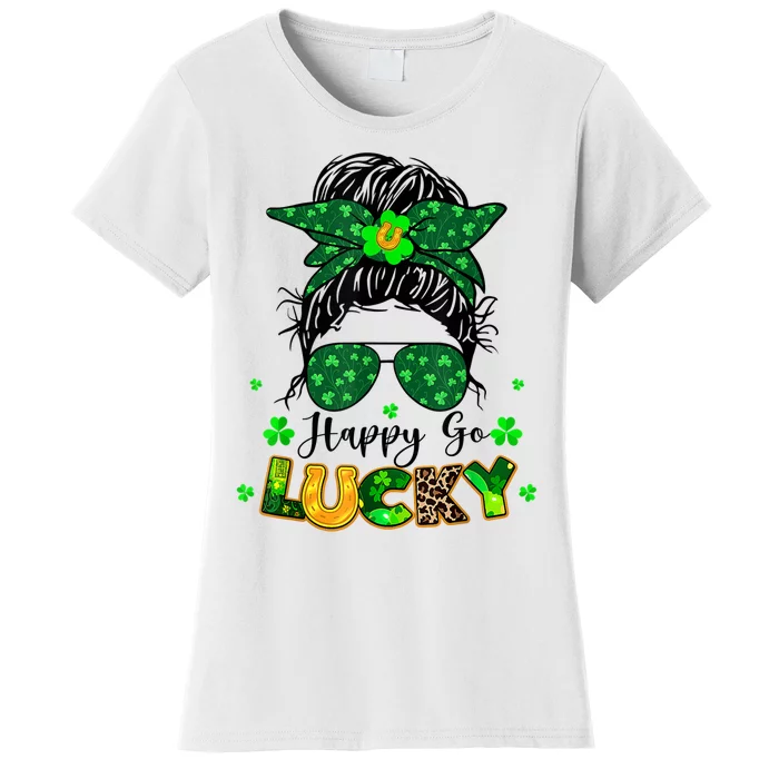 Happy Go Lucky Messy Bun Shamrock St Patrick's Day Women's T-Shirt