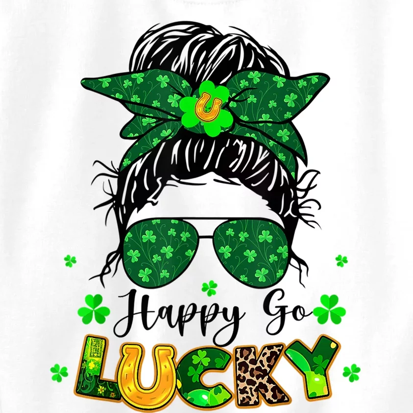 Happy Go Lucky Messy Bun Shamrock St Patrick's Day Kids Sweatshirt