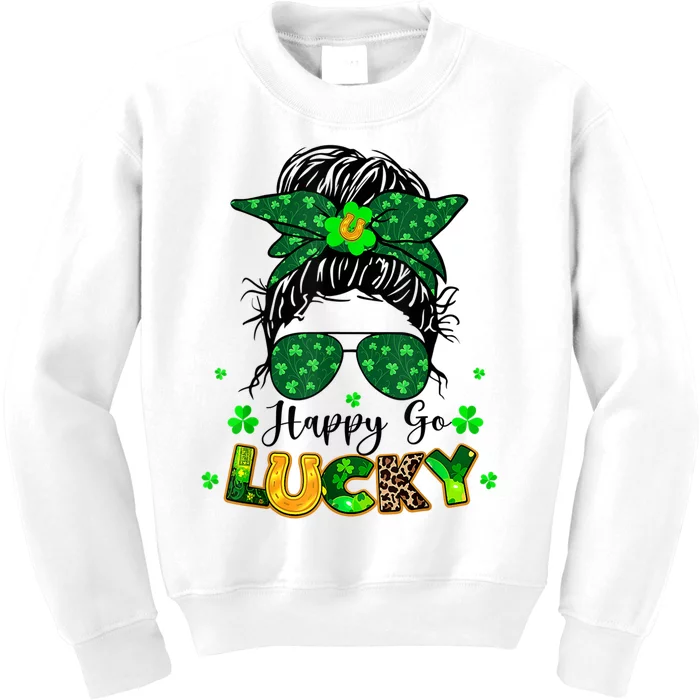 Happy Go Lucky Messy Bun Shamrock St Patrick's Day Kids Sweatshirt