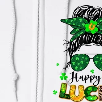 Happy Go Lucky Messy Bun Shamrock St Patrick's Day Full Zip Hoodie