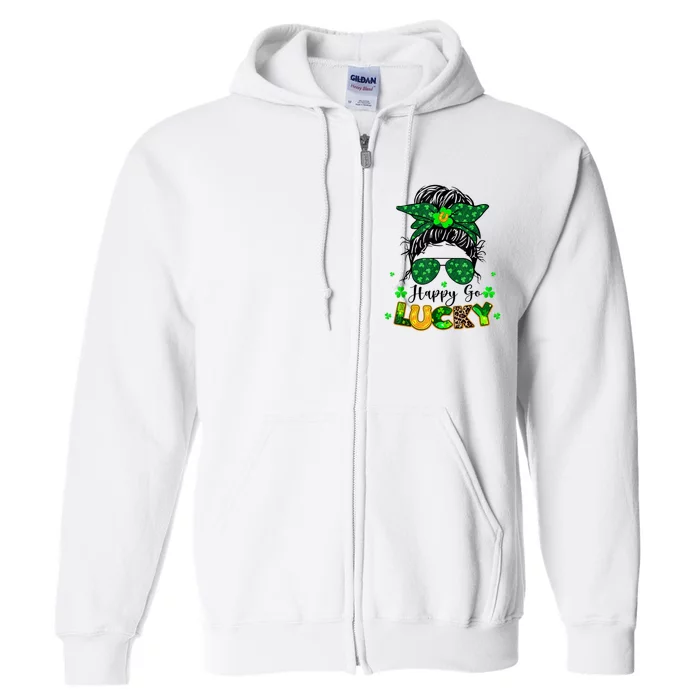 Happy Go Lucky Messy Bun Shamrock St Patrick's Day Full Zip Hoodie