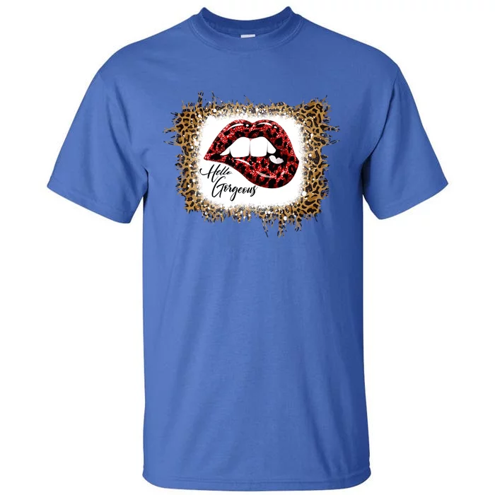 Hello Gorgeous Leopard Big Red Lips Heart Valentines Day Funny Gift Tall T-Shirt