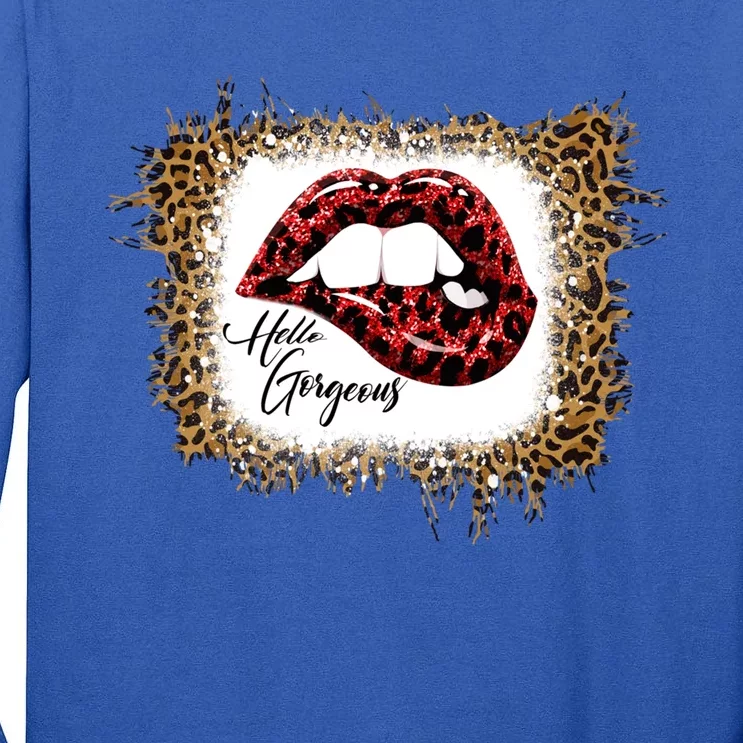 Hello Gorgeous Leopard Big Red Lips Heart Valentines Day Funny Gift Tall Long Sleeve T-Shirt