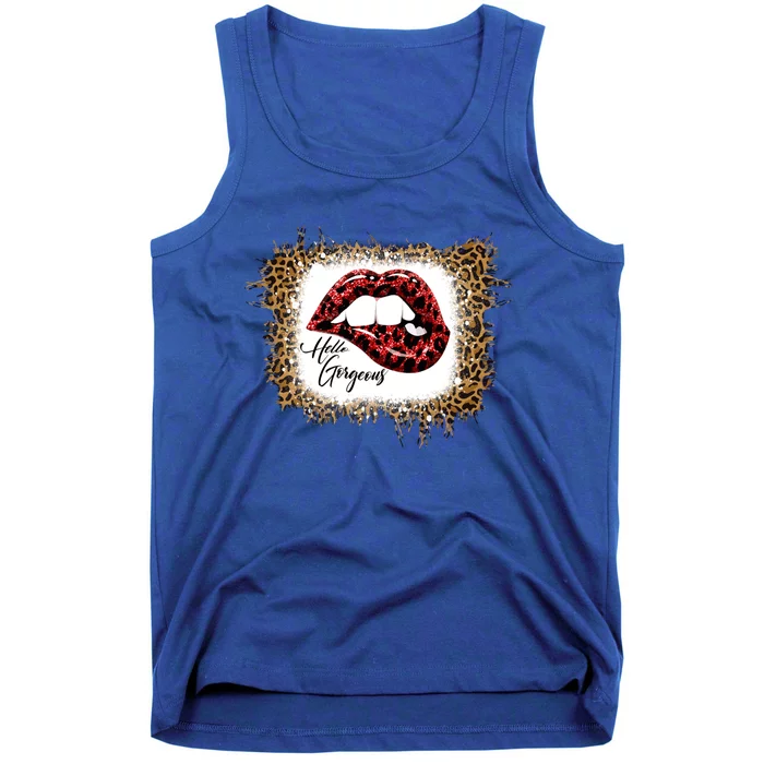 Hello Gorgeous Leopard Big Red Lips Heart Valentines Day Funny Gift Tank Top