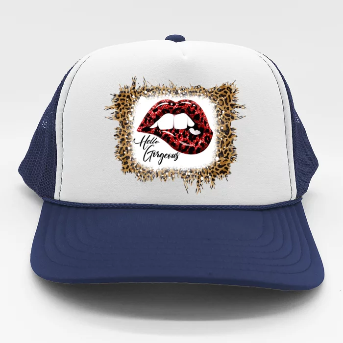 Hello Gorgeous Leopard Big Red Lips Heart Valentines Day Funny Gift Trucker Hat