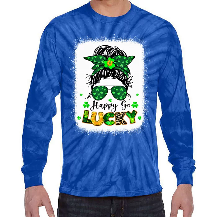 Happy Go Lucky Messy Bun Shamrock St Patrick's Day Gift Tie-Dye Long Sleeve Shirt