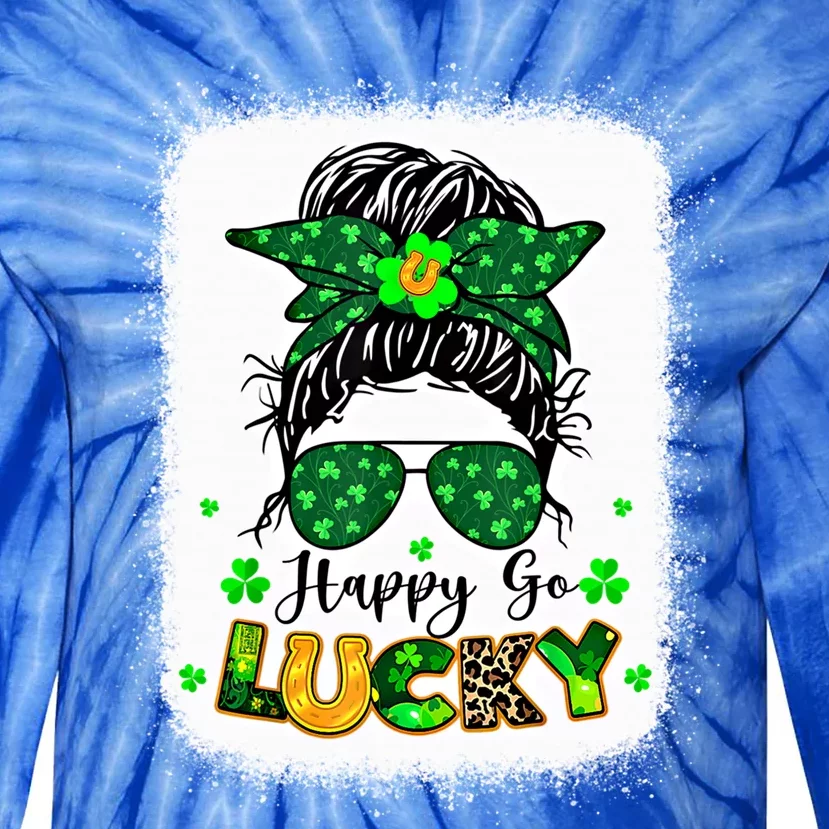 Happy Go Lucky Messy Bun Shamrock St Patrick's Day Gift Tie-Dye Long Sleeve Shirt