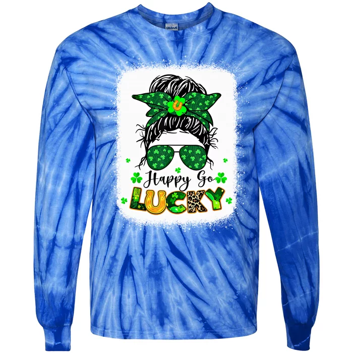 Happy Go Lucky Messy Bun Shamrock St Patrick's Day Gift Tie-Dye Long Sleeve Shirt