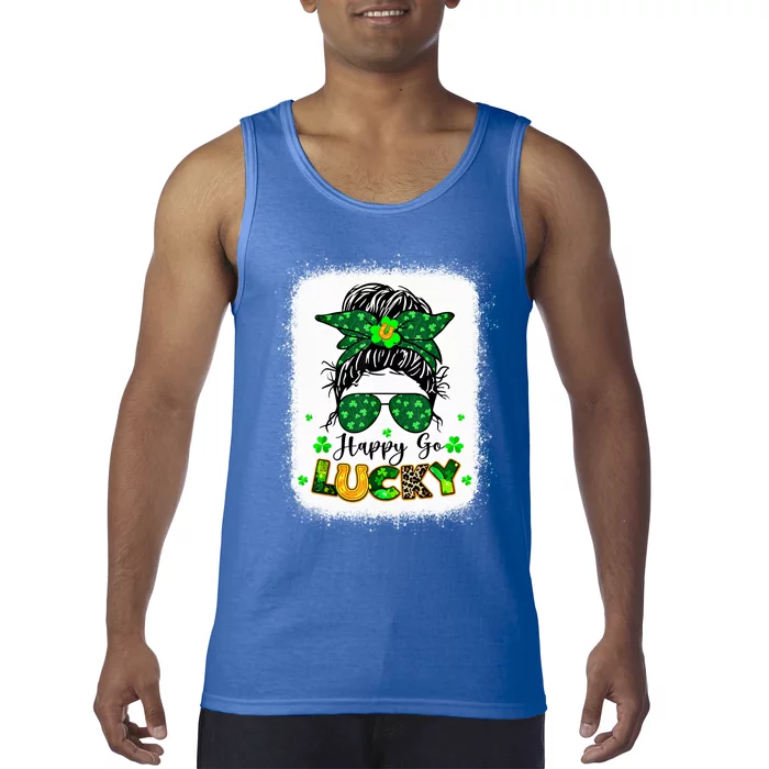 Happy Go Lucky Messy Bun Shamrock St Patrick's Day Gift Tank Top