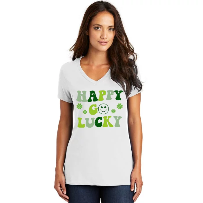 Happy Go Lucky Retro Hippie St Patrick's Day Women's V-Neck T-Shirt