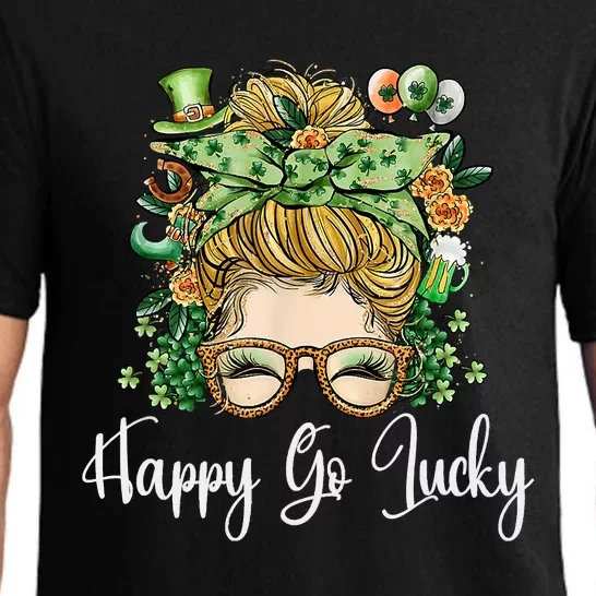 Happy Go Lucky Women Shamrock Messy Bun St. Patrick's Day Pajama Set