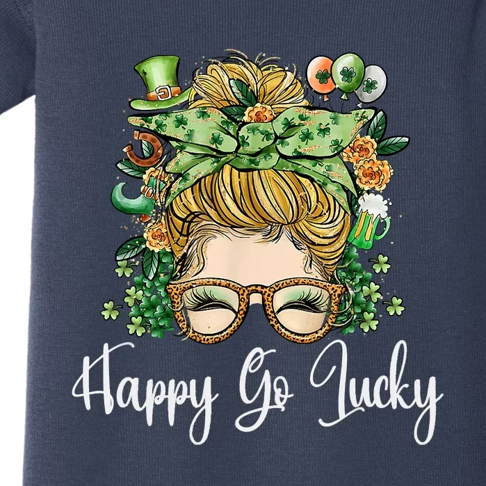 Happy Go Lucky Women Shamrock Messy Bun St. Patrick's Day Baby Bodysuit