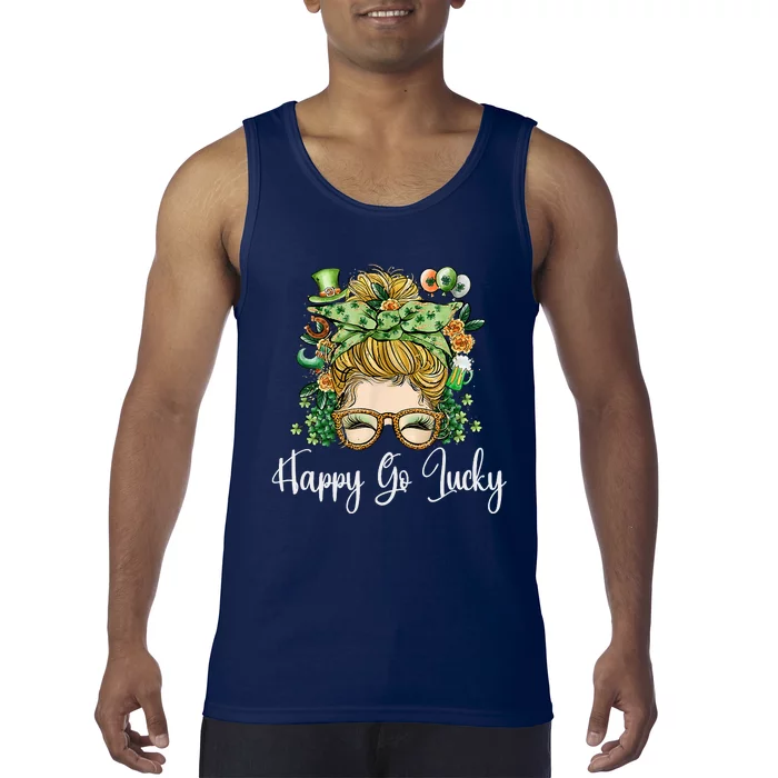 Happy Go Lucky Women Shamrock Messy Bun St. Patrick's Day Tank Top