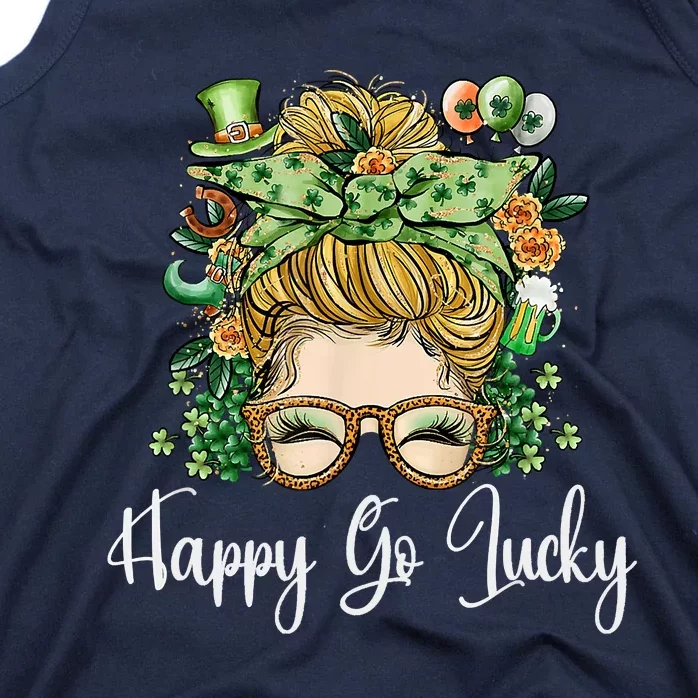 Happy Go Lucky Women Shamrock Messy Bun St. Patrick's Day Tank Top