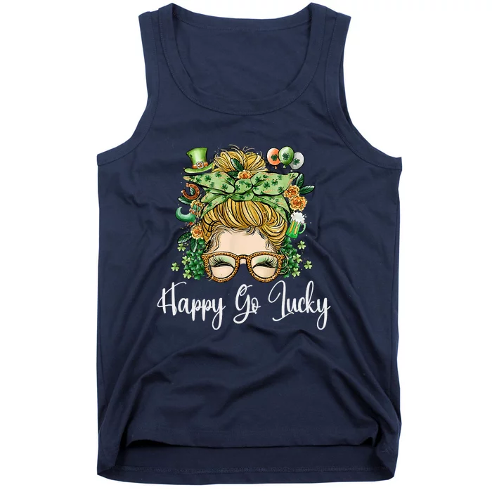 Happy Go Lucky Women Shamrock Messy Bun St. Patrick's Day Tank Top