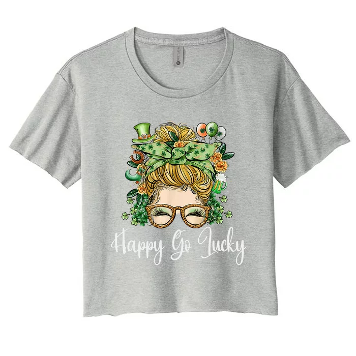 Happy Go Lucky Women Shamrock Messy Bun St. Patrick's Day Women's Crop Top Tee