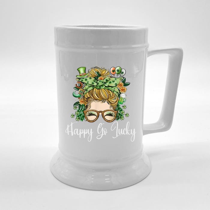 Happy Go Lucky Women Shamrock Messy Bun St. Patrick's Day Front & Back Beer Stein