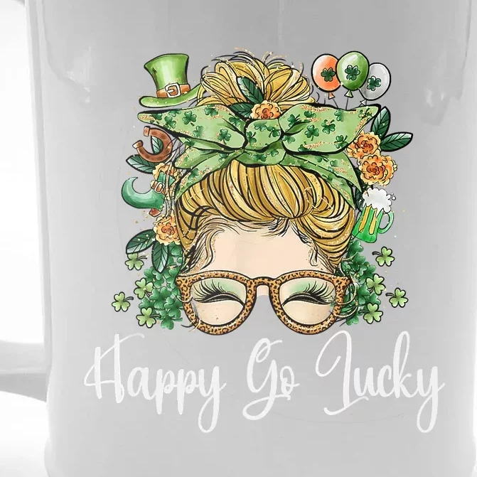 Happy Go Lucky Women Shamrock Messy Bun St. Patrick's Day Front & Back Beer Stein