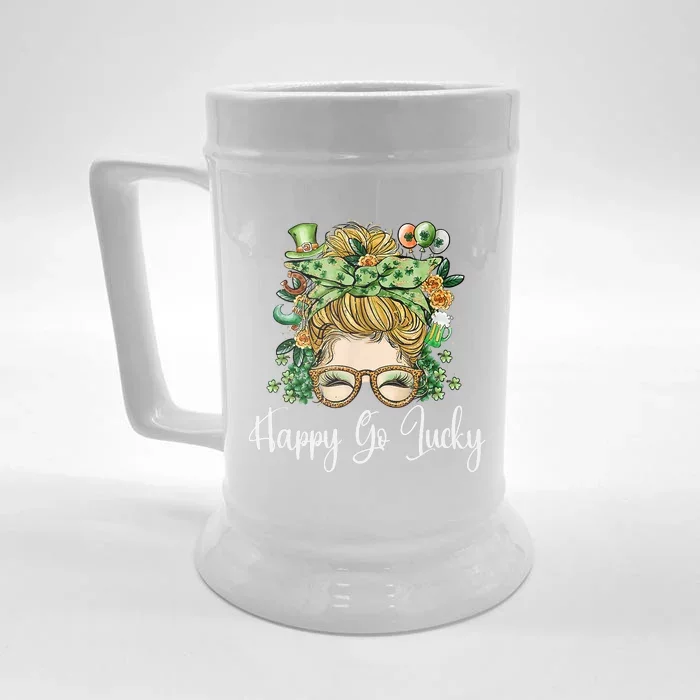 Happy Go Lucky Women Shamrock Messy Bun St. Patrick's Day Front & Back Beer Stein