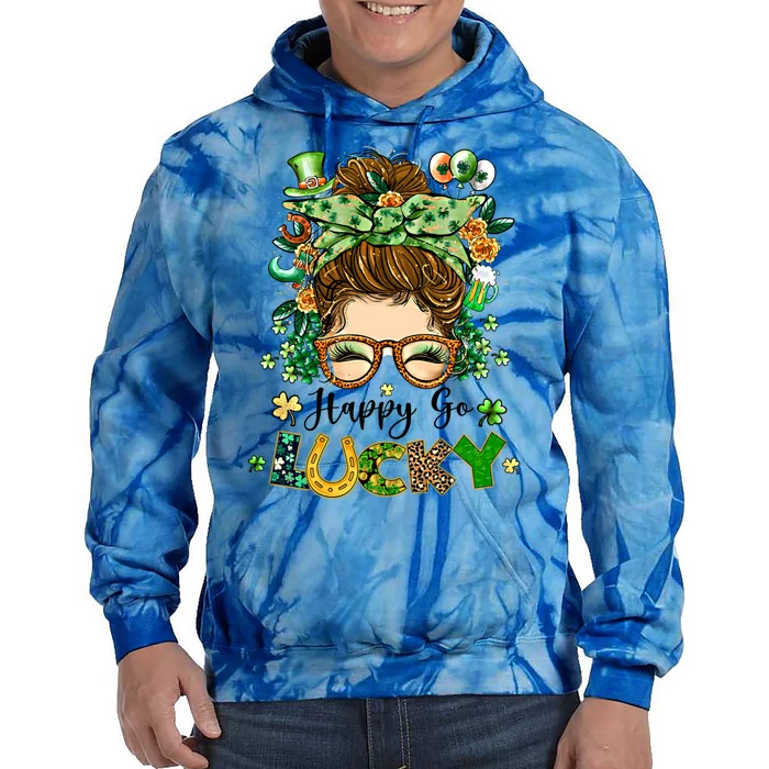 Happy Go Lucky Messy Bun Shamrock St Patrick's Day Gift Tie Dye Hoodie