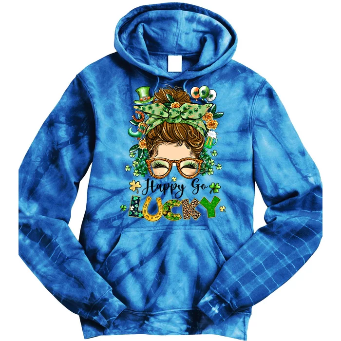 Happy Go Lucky Messy Bun Shamrock St Patrick's Day Gift Tie Dye Hoodie