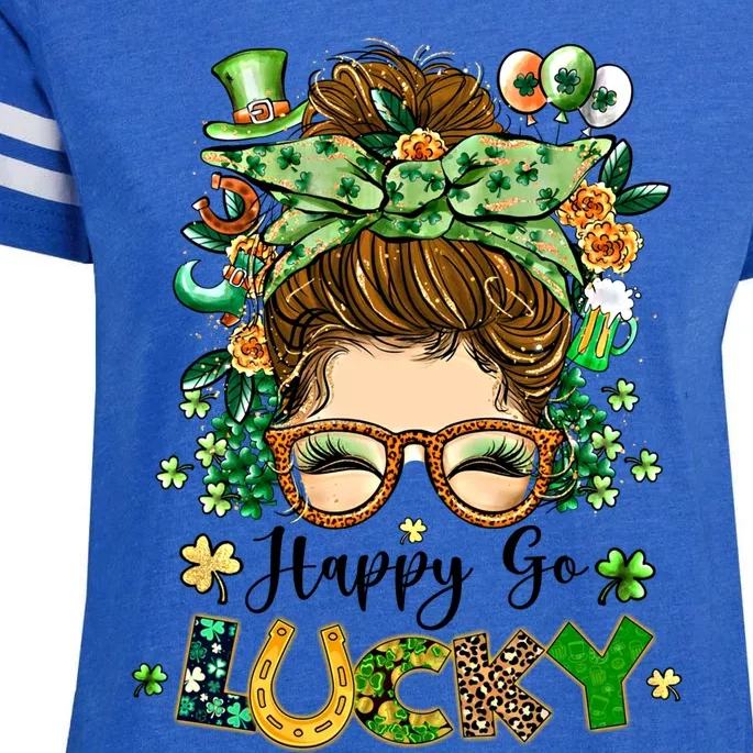 Happy Go Lucky Messy Bun Shamrock St Patrick's Day Gift Enza Ladies Jersey Football T-Shirt