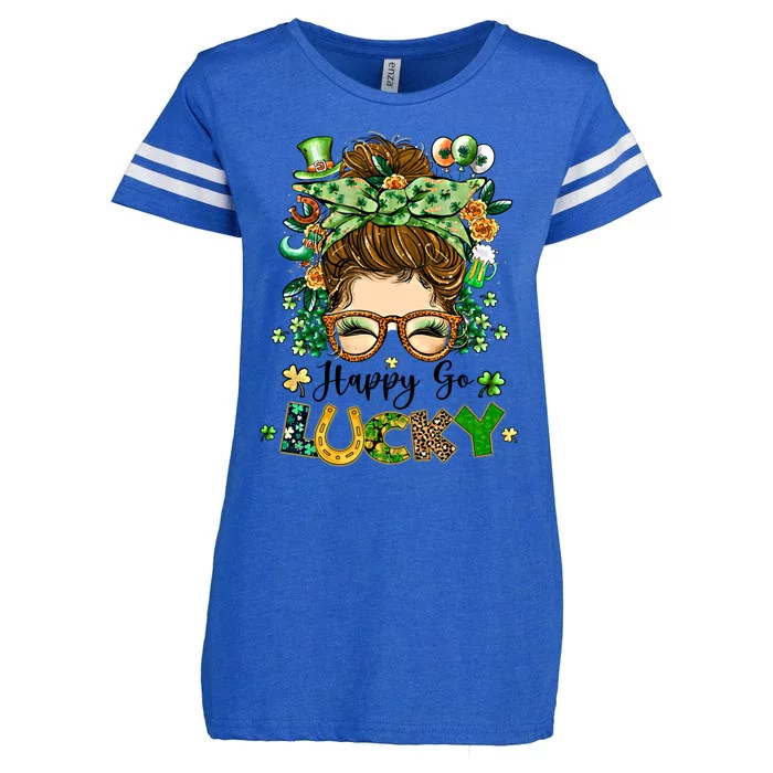 Happy Go Lucky Messy Bun Shamrock St Patrick's Day Gift Enza Ladies Jersey Football T-Shirt