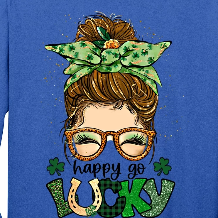 Happy Go Lucky Shamrock Messy Bun St Patrick's Day Gift Long Sleeve Shirt