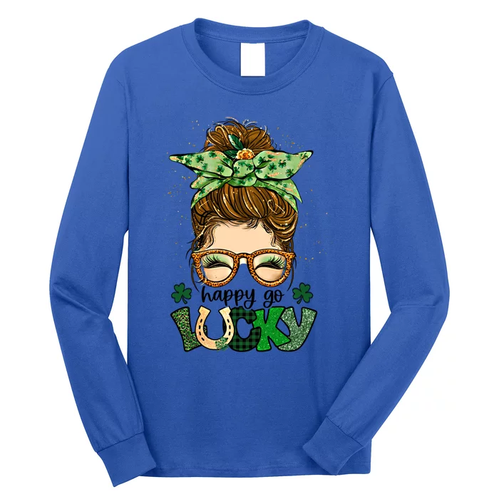 Happy Go Lucky Shamrock Messy Bun St Patrick's Day Gift Long Sleeve Shirt