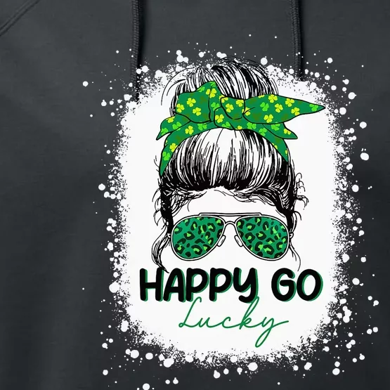 Happy Go Lucky Messy Bun Shamrock St Patrick's Day Performance Fleece Hoodie