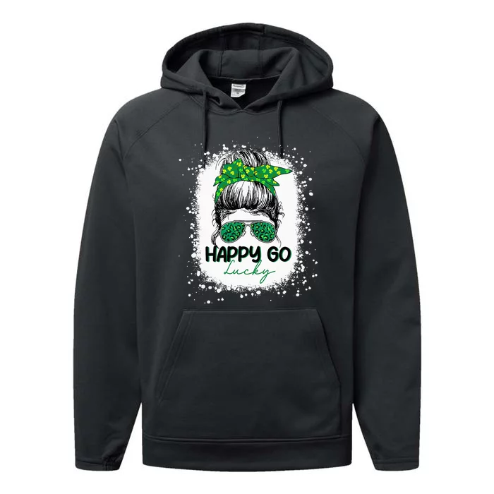 Happy Go Lucky Messy Bun Shamrock St Patrick's Day Performance Fleece Hoodie