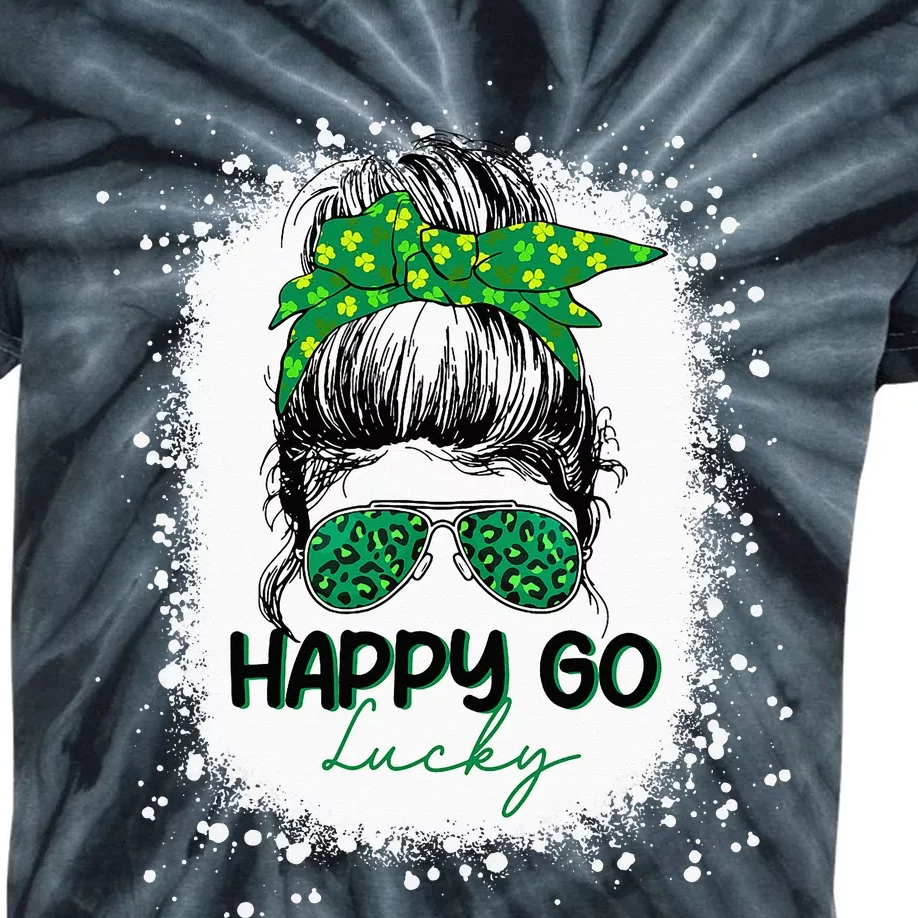 Happy Go Lucky Messy Bun Shamrock St Patrick's Day Kids Tie-Dye T-Shirt