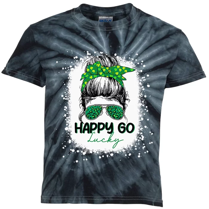 Happy Go Lucky Messy Bun Shamrock St Patrick's Day Kids Tie-Dye T-Shirt