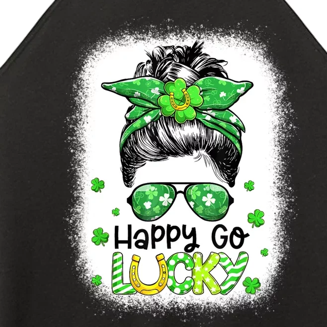 Happy Go Lucky Messy Bun Women Shamrock St Patrick's Day Women’s Perfect Tri Rocker Tank